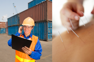 Longshoreman working at the port alongside a close-up of acupuncture needles being administered to a patient