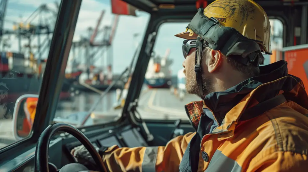 A longshoreman in safety gear drives a Utility Tractor Rig (UTR) at a busy shipping dock with cranes and cargo ships in the background.